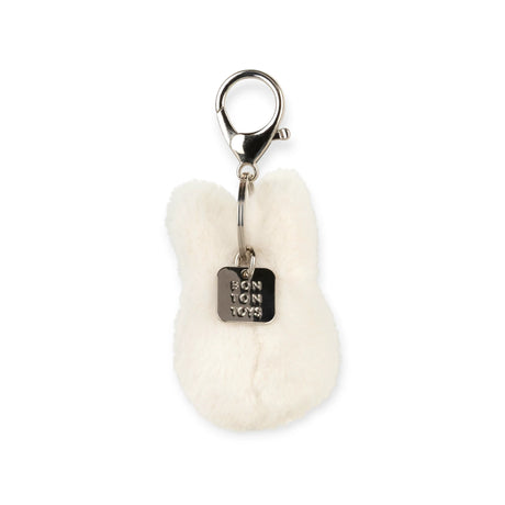 Fluffy white rabbit keychain with metal clasp and small charm tag
