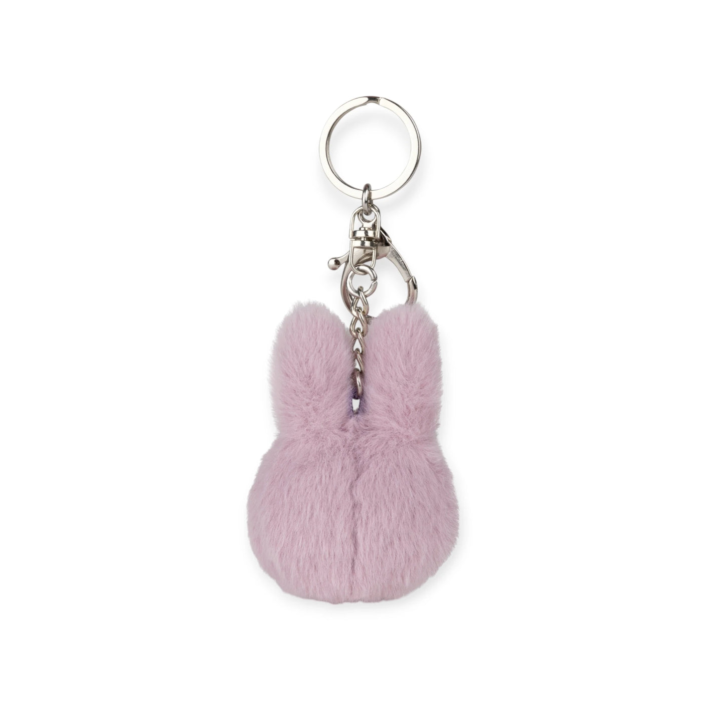 The Miffy Fuzzy Keychain - Lilac by Miffy offers a fluffy, rabbit ear-shaped pinkish key fob attached to a metal ring and clip, combining sustainable design with charm for your everyday essentials.