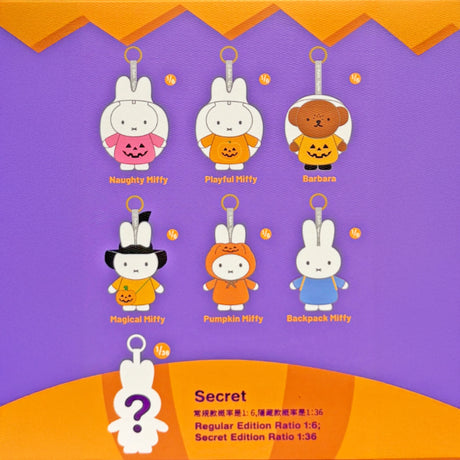 Six Miffy plush keychains in different Halloween costumes, including pumpkin and witch themes, displayed on purple and orange background