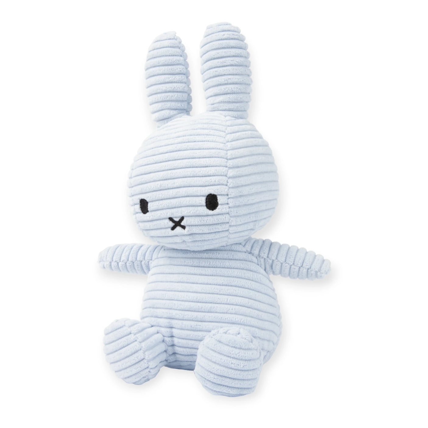 The Miffy Bunny Plush Corduroy - Ice Blue 23cm by Miffy is made from recycled polyester and showcases long ears, expressive black eyes, and a simple black mouth on a white background.