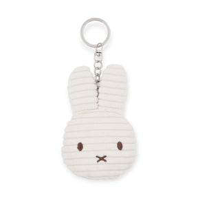 Off-white corduroy rabbit keychain with metal ring and embroidered face