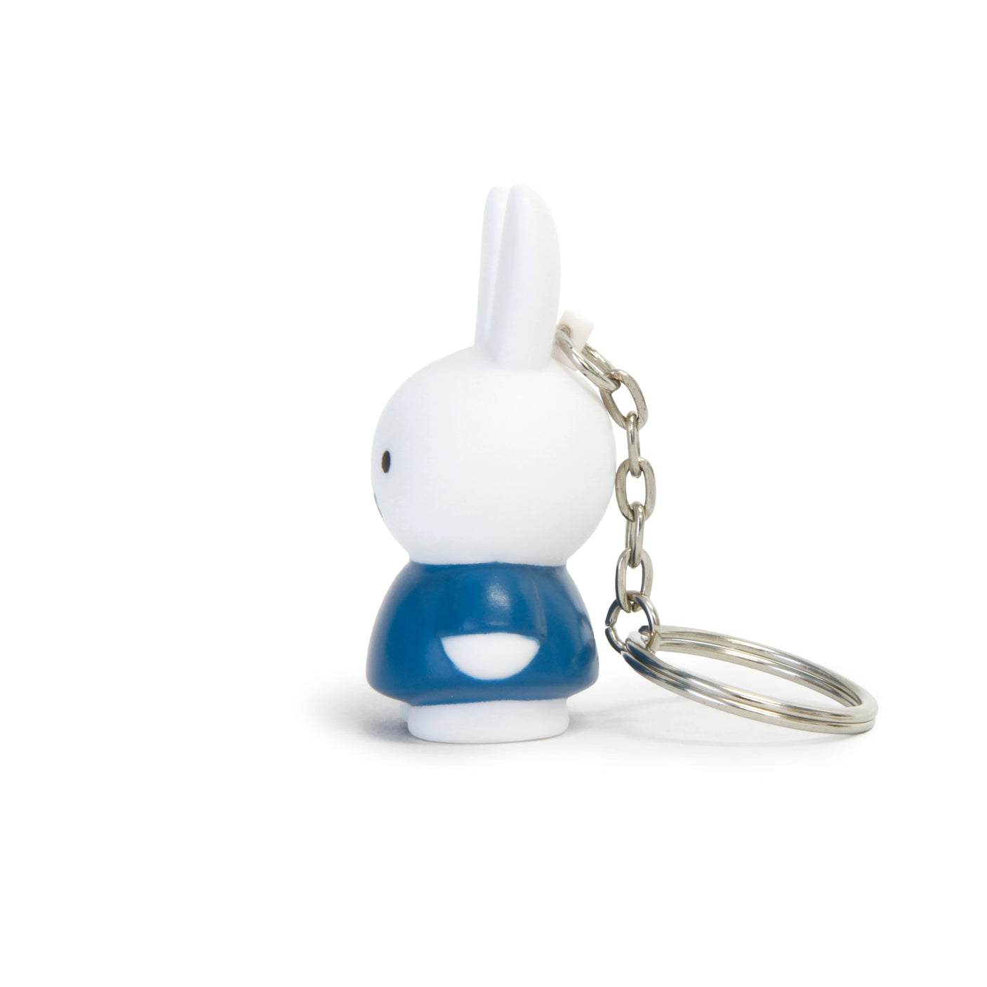 Side view of the Miffy Keychain - Classic, showcasing a charming white rabbit in its classic blue outfit, complete with a metallic keyring.