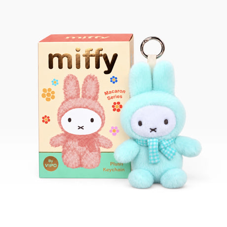 Blue plush bunny keychain with scarf and metal key ring