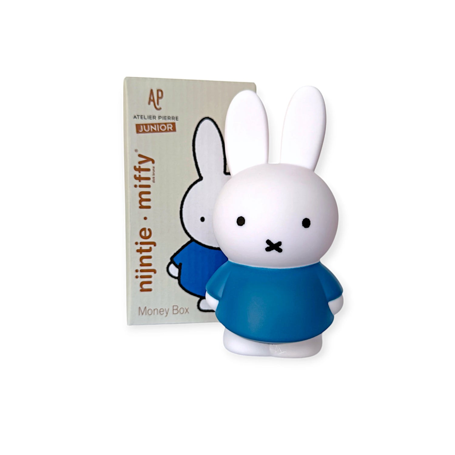 Miffy Bunny blue money box 12cm in front of packaging, designed for fun and stylish savings.