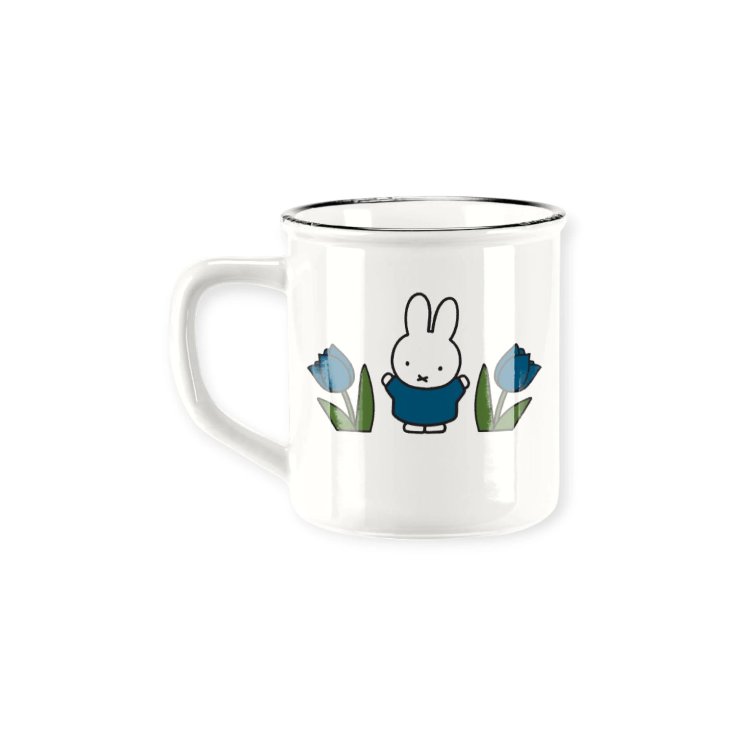 The Miffy Ceramic Mug - Blue Tulip by Miffy features a simple cartoon bunny in a blue outfit with blue tulips on each side. This white ceramic, microwave-safe mug is perfect for everyday use.