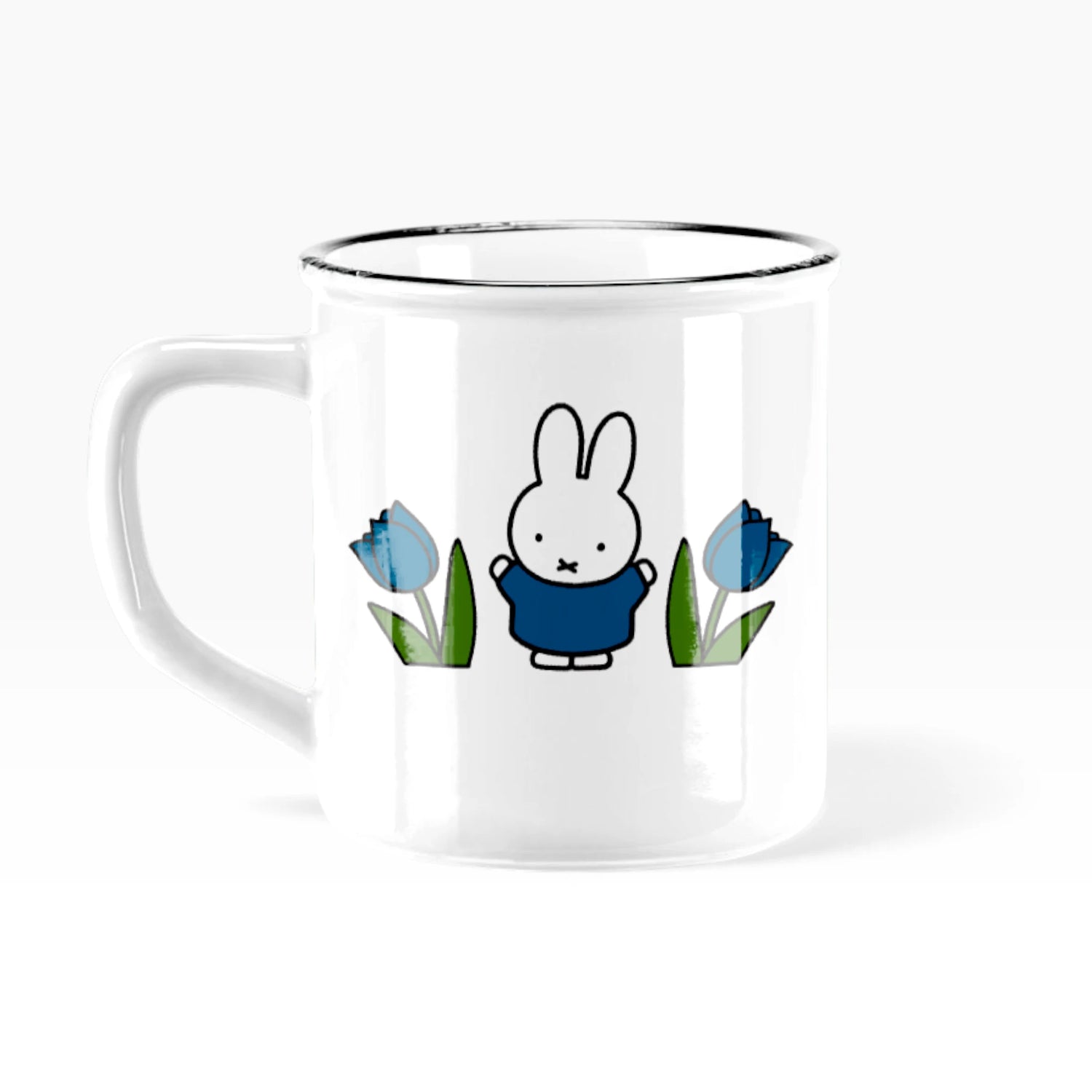 Ceramic mug with handle, white base, Miffy bunny and blue tulip graphic
