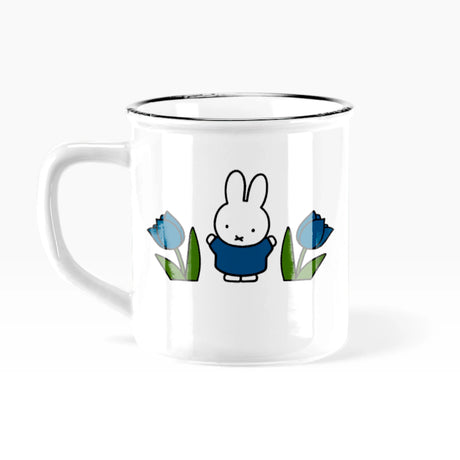 Ceramic mug with handle, white base, Miffy bunny and blue tulip graphic