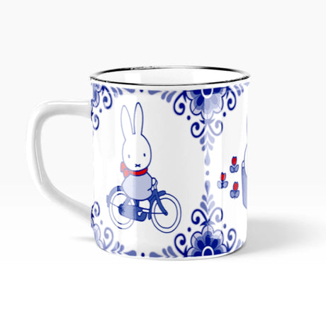 Miffy ceramic mug with blue vintage bunny and floral pattern, white with dark blue trim