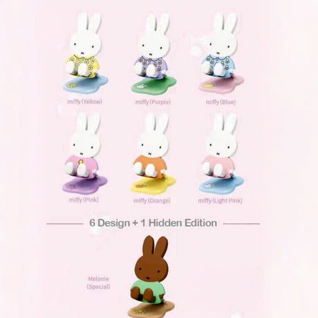 Seven Miffy phone and tablet stands in pastel colors and one special dark brown edition shown on matching bases with floral details