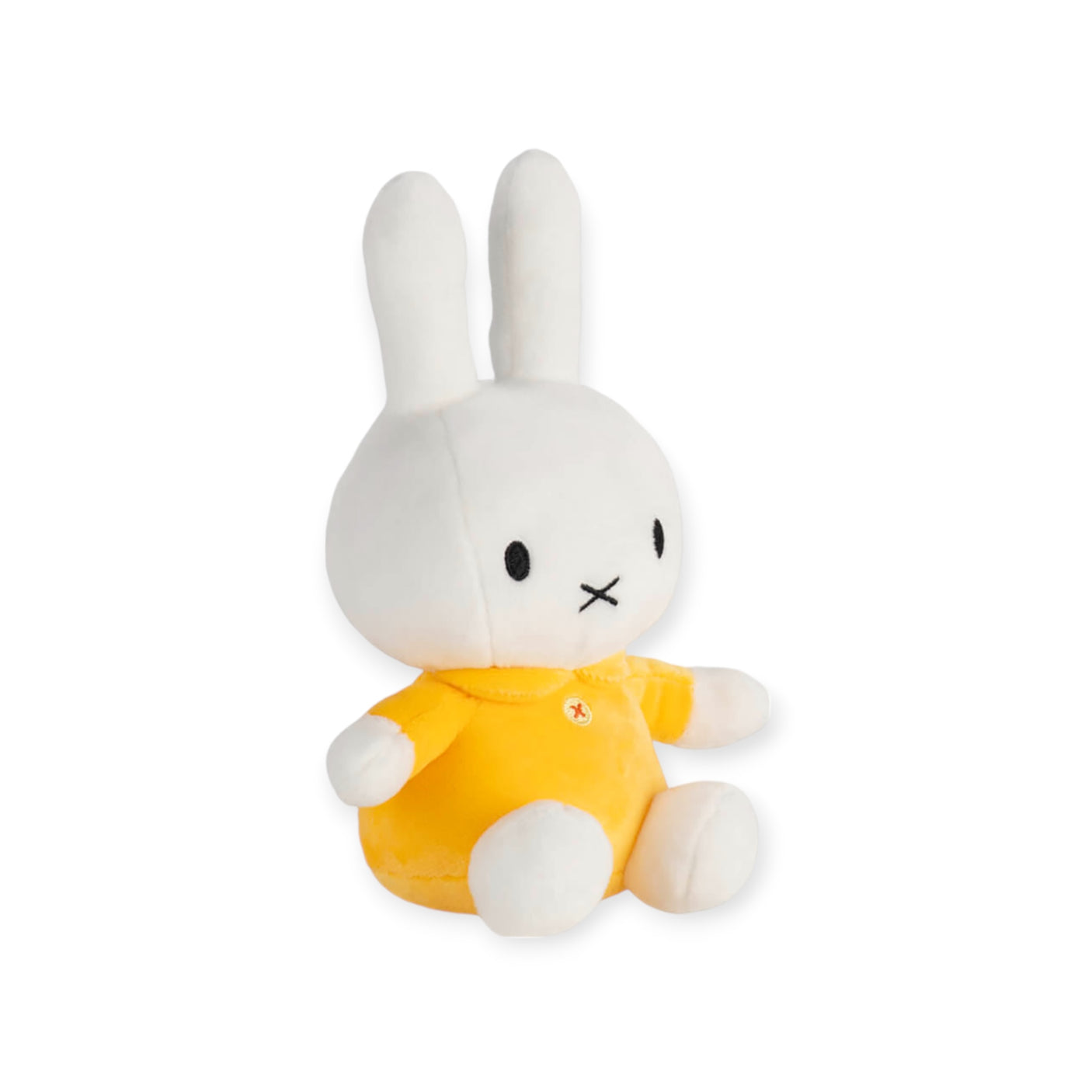 A cuddly plush toy featuring Miffy, crafted in a classic design and dressed charmingly in a yellow dress, sitting upright and perfect for snuggles.