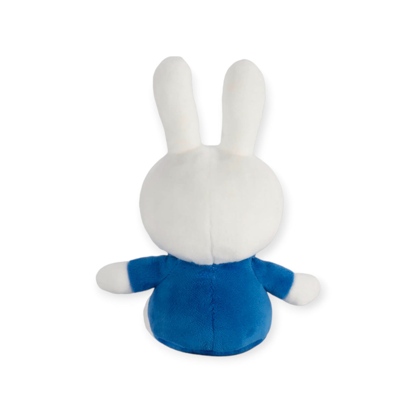 The Miffy Plush Classic Blue - 20cm by Miffy is a cuddly companion, showcasing soft white fur and a classic blue outfit as it sits facing away.