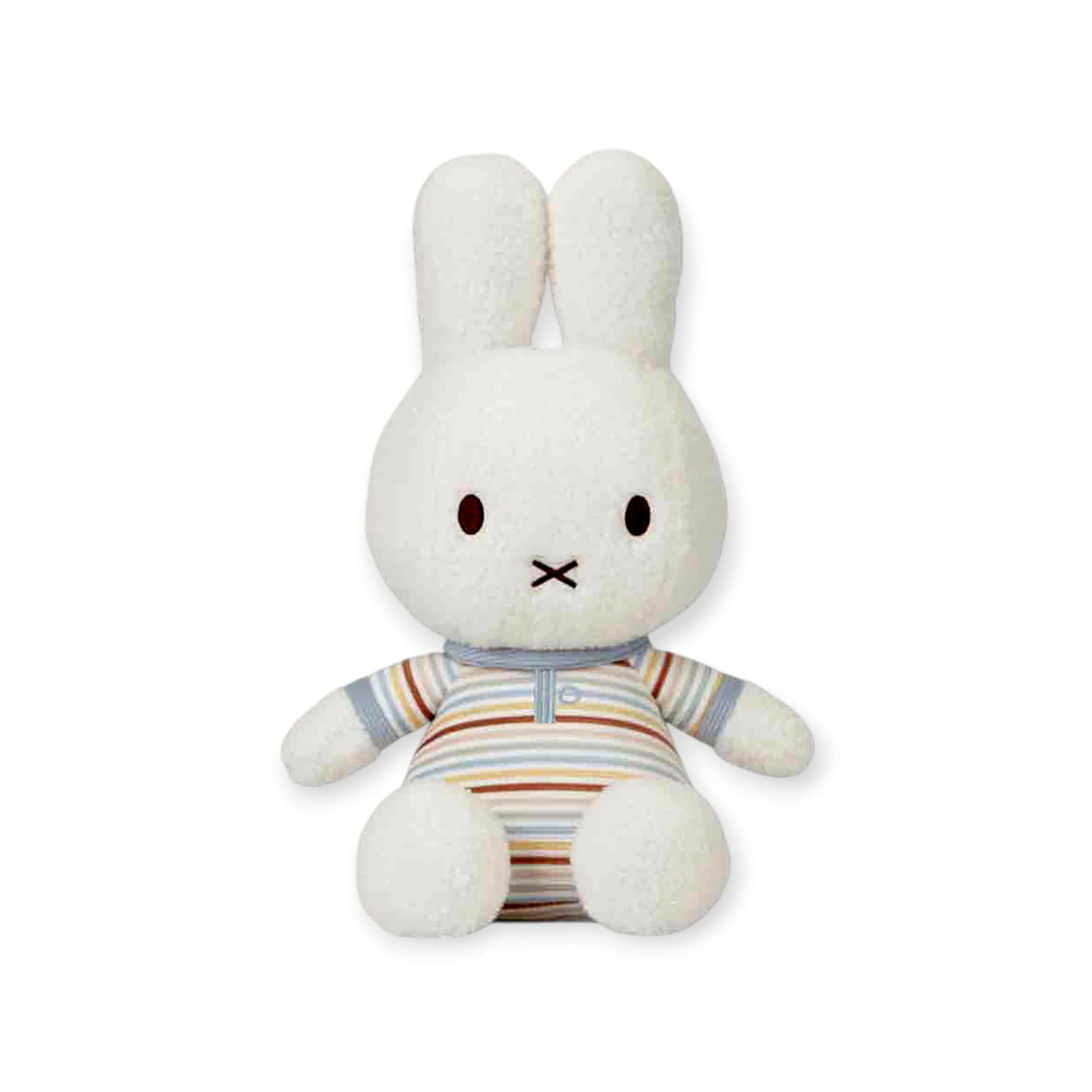 The Miffy Plush White & Vintage Stripes toy, a delightful 35cm white rabbit from the Miffy brand, sits elegantly against a plain backdrop, showcasing its charming striped shirt adorned with button details.