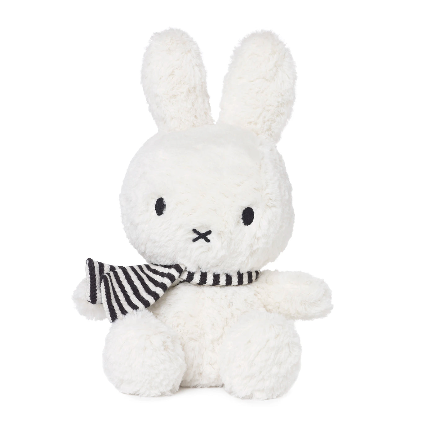 A soft Miffy Bunny Plush with Recycled PET filling, featuring a striped black and white scarf.