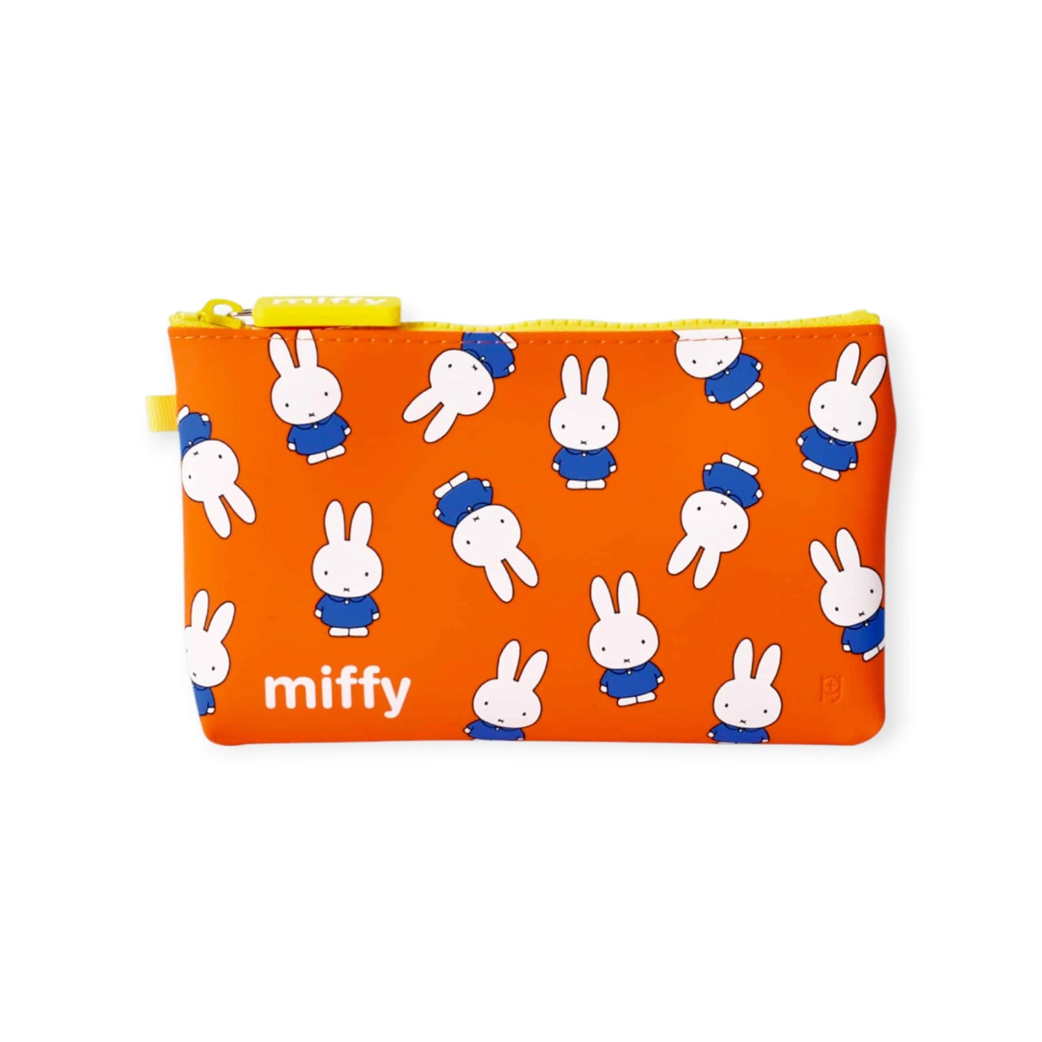 Orange 19cm Miffy Bunny zipper pouch with blue-dressed bunny pattern, silicone material, and yellow zipper closure