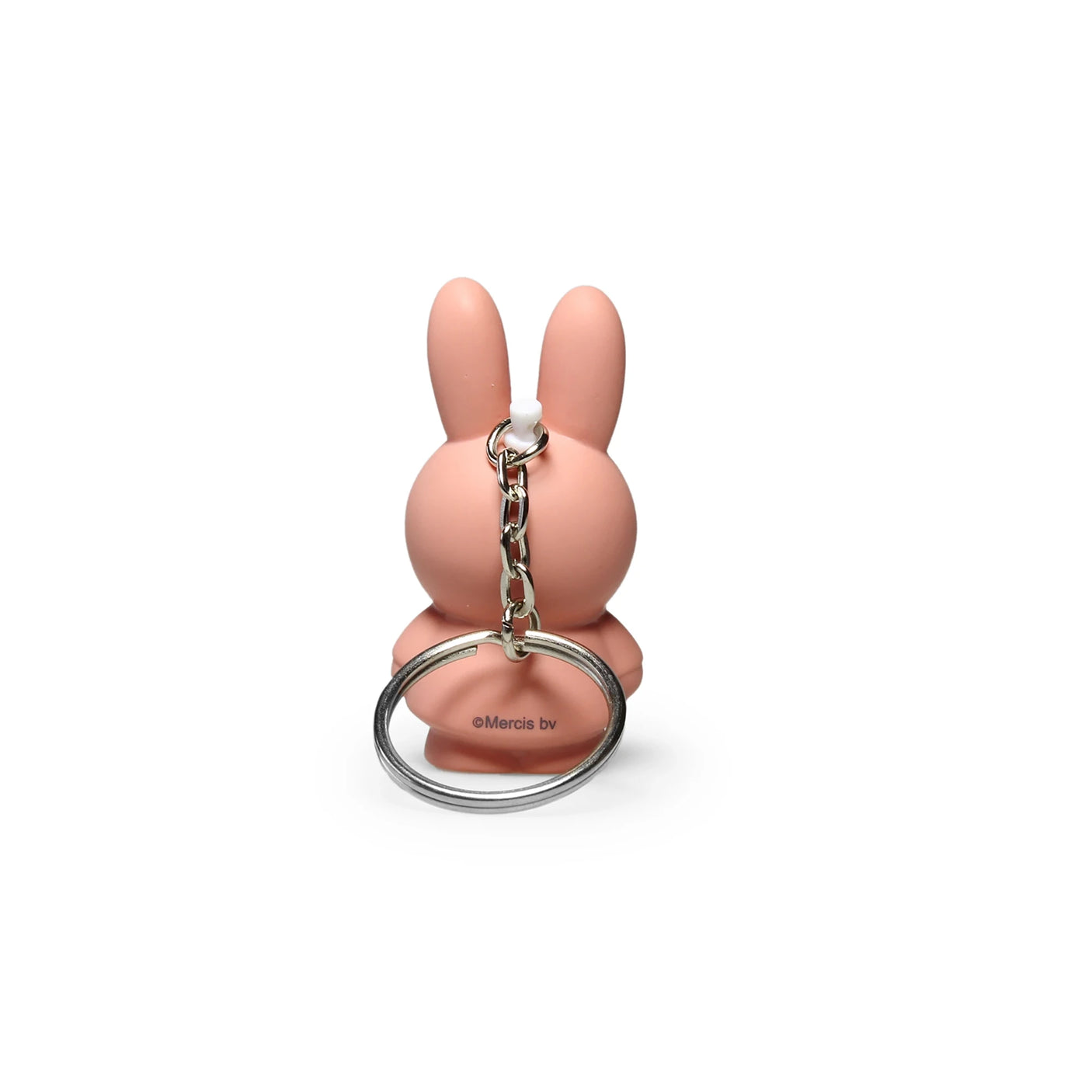 A white background showcases a Miffy Keychain - Powder, featuring a minimalist design with its pink bunny shape, long ears, and silver chain. This modern accessory by Miffy adds the perfect touch of charm to your everyday collection.