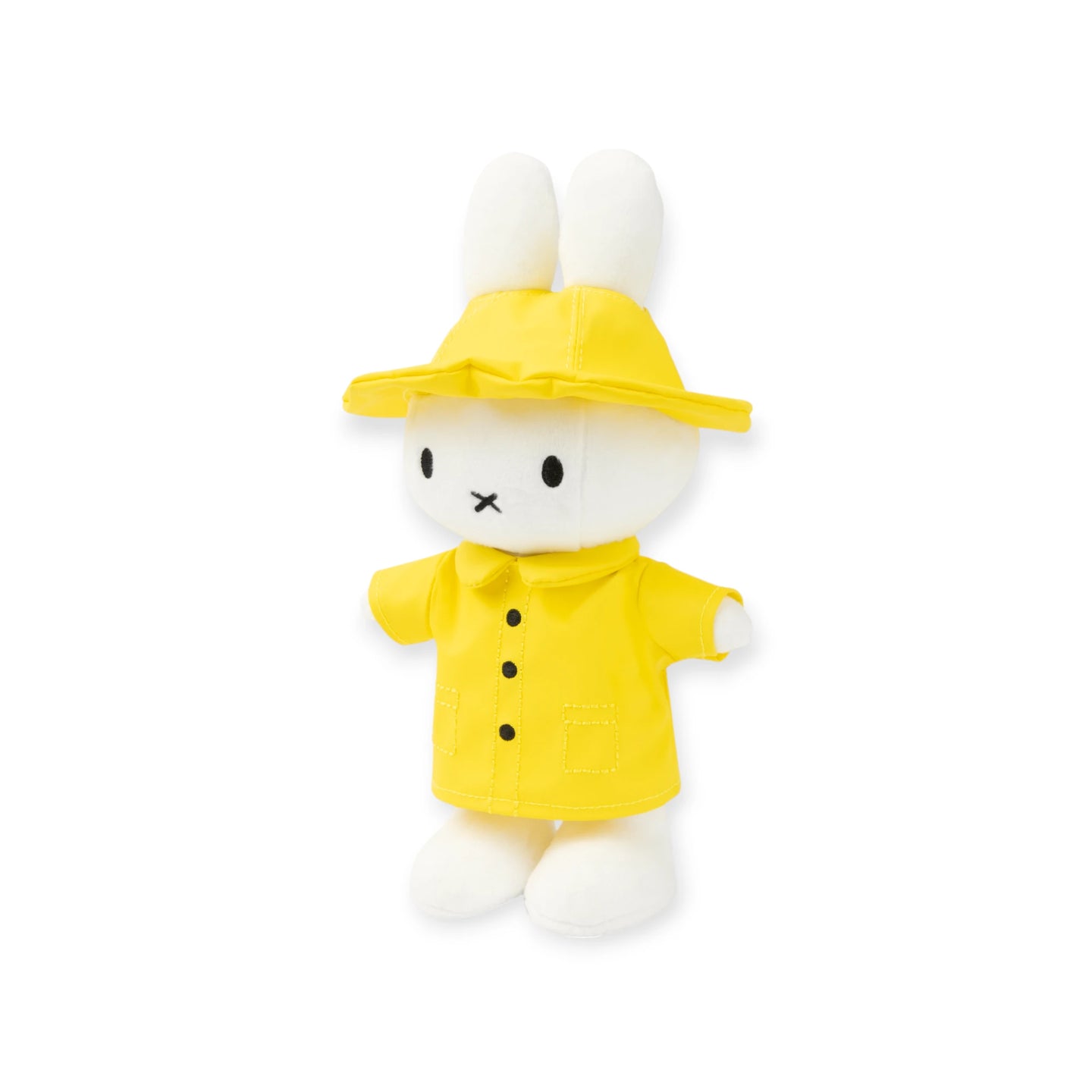 Miffy plush rabbit standing in yellow hooded raincoat, side-front view, 24cm
