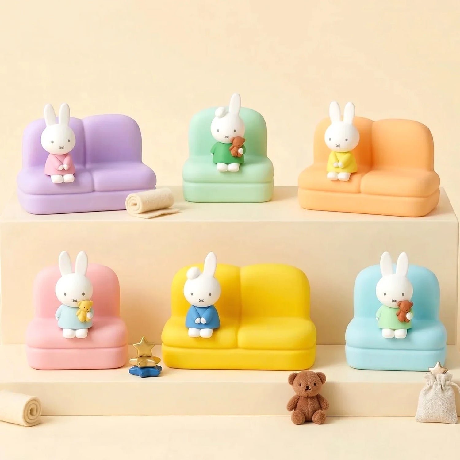Set of six Miffy sofa stand blind box figures on mini colored sofas