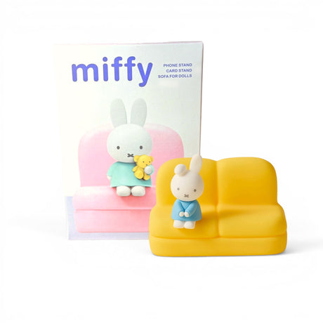 Miffy phone stand sofa with pink seat and bunny holding a yellow flower