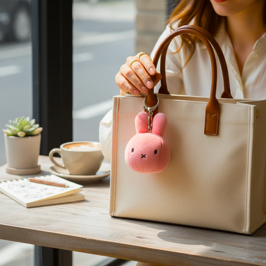 Miffy Squish Ball Keychain - Pink attached to beige handbag held by a woman at a wooden café table by Miffy