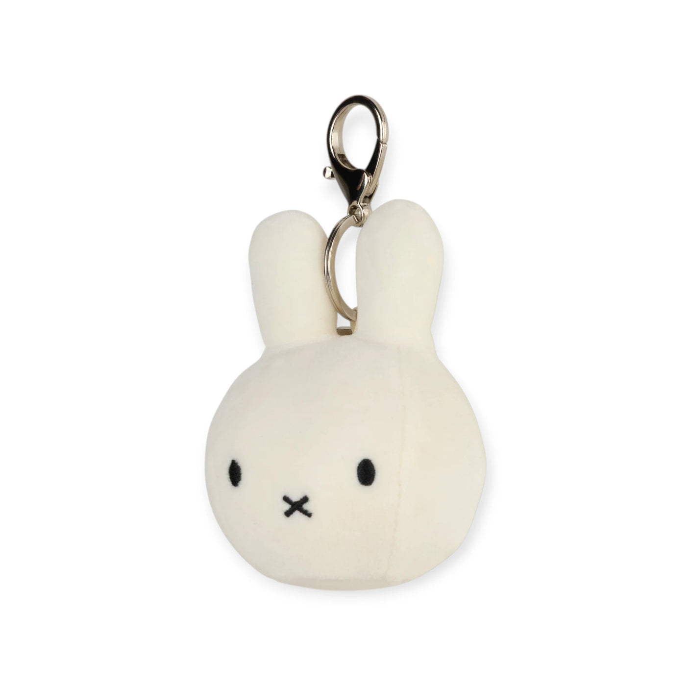 Miffy Squish Ball Keychain - White showing a soft white plush bunny face with stitched black eyes and mouth by Miffy