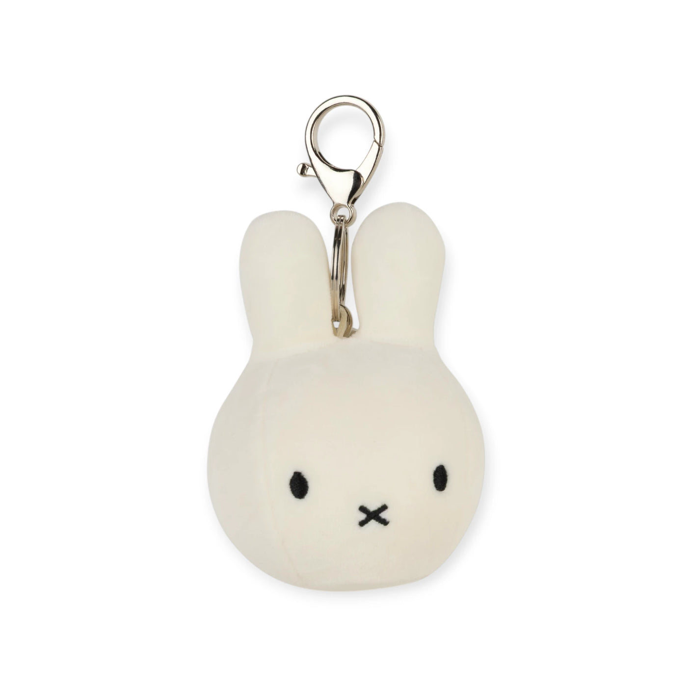 Miffy Squish Ball Keychain - White showing a soft white plush bunny with simple embroidered face and metal clasp by Miffy