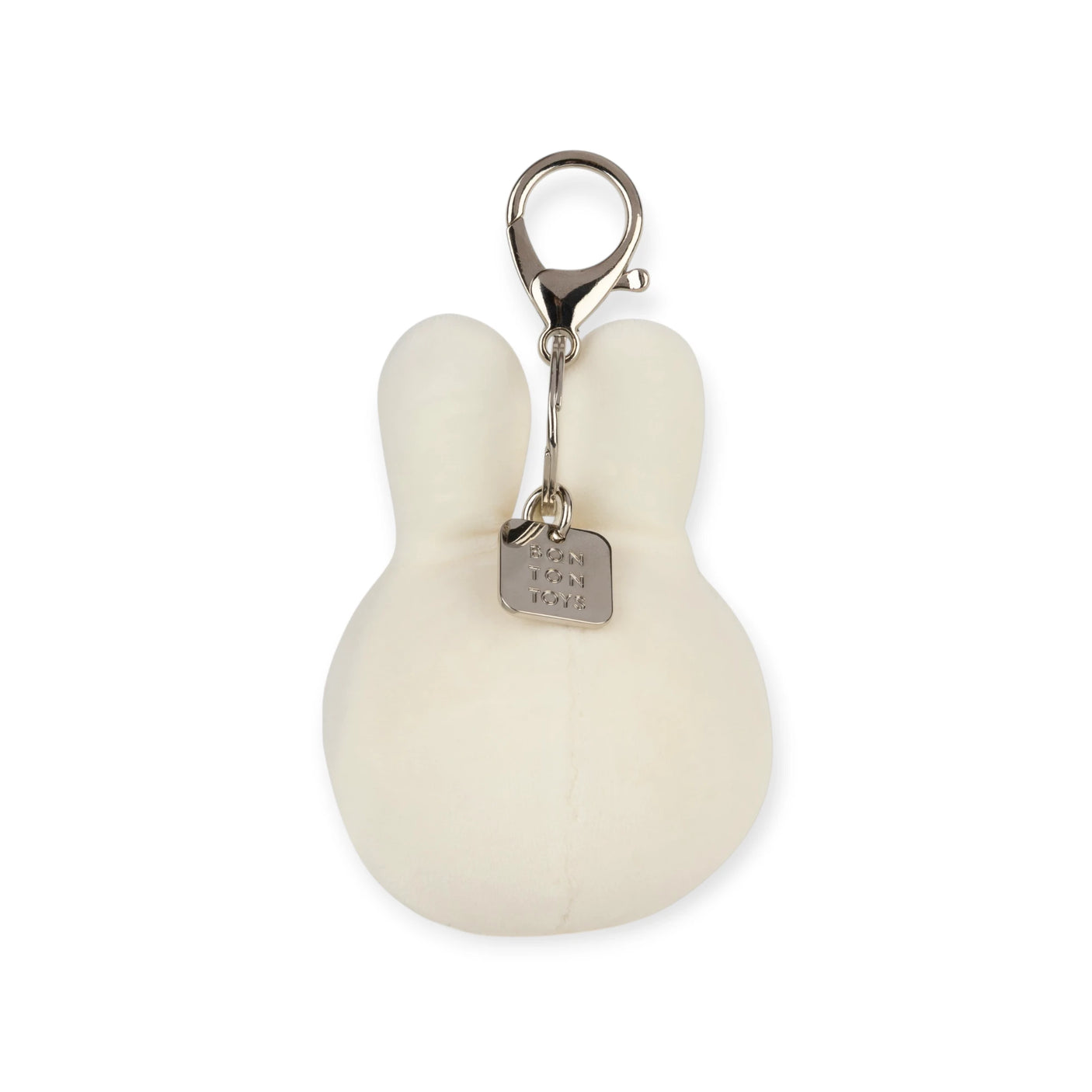 Miffy Squish Ball Keychain - White showing a soft white plush bunny keychain with metal clasp and Bon Ton Toys tag by Miffy