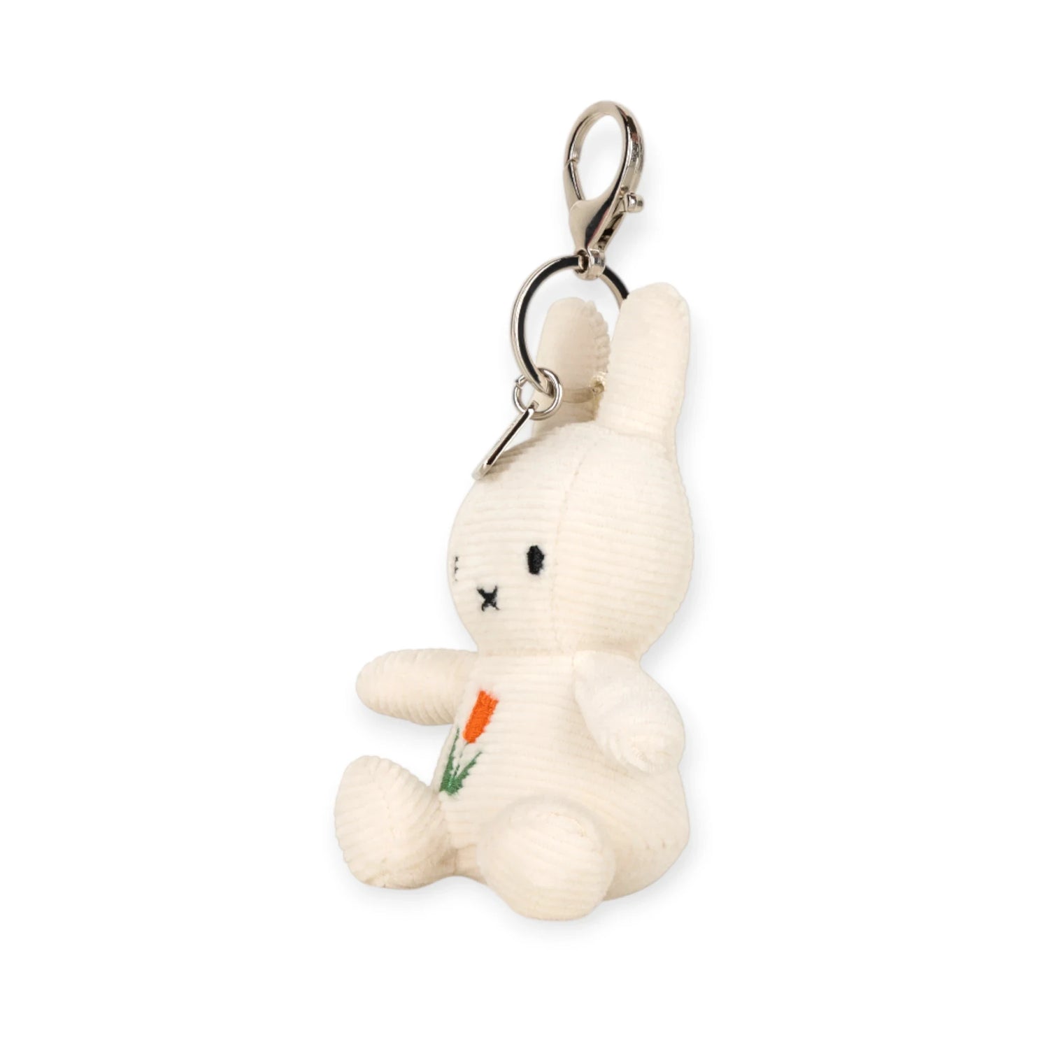 Cream plush rabbit keychain with metal clasp, holding a stitched orange tulip