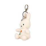 Cream plush rabbit keychain with metal clasp, holding a stitched orange tulip