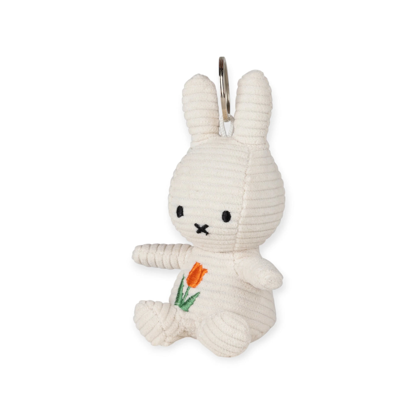 The Miffy Plush Tulip Keychain - 10cm from Miffy features a white rabbit with an embroidered orange tulip, perfect for fans of personalized accessories who appreciate sustainable craftsmanship.