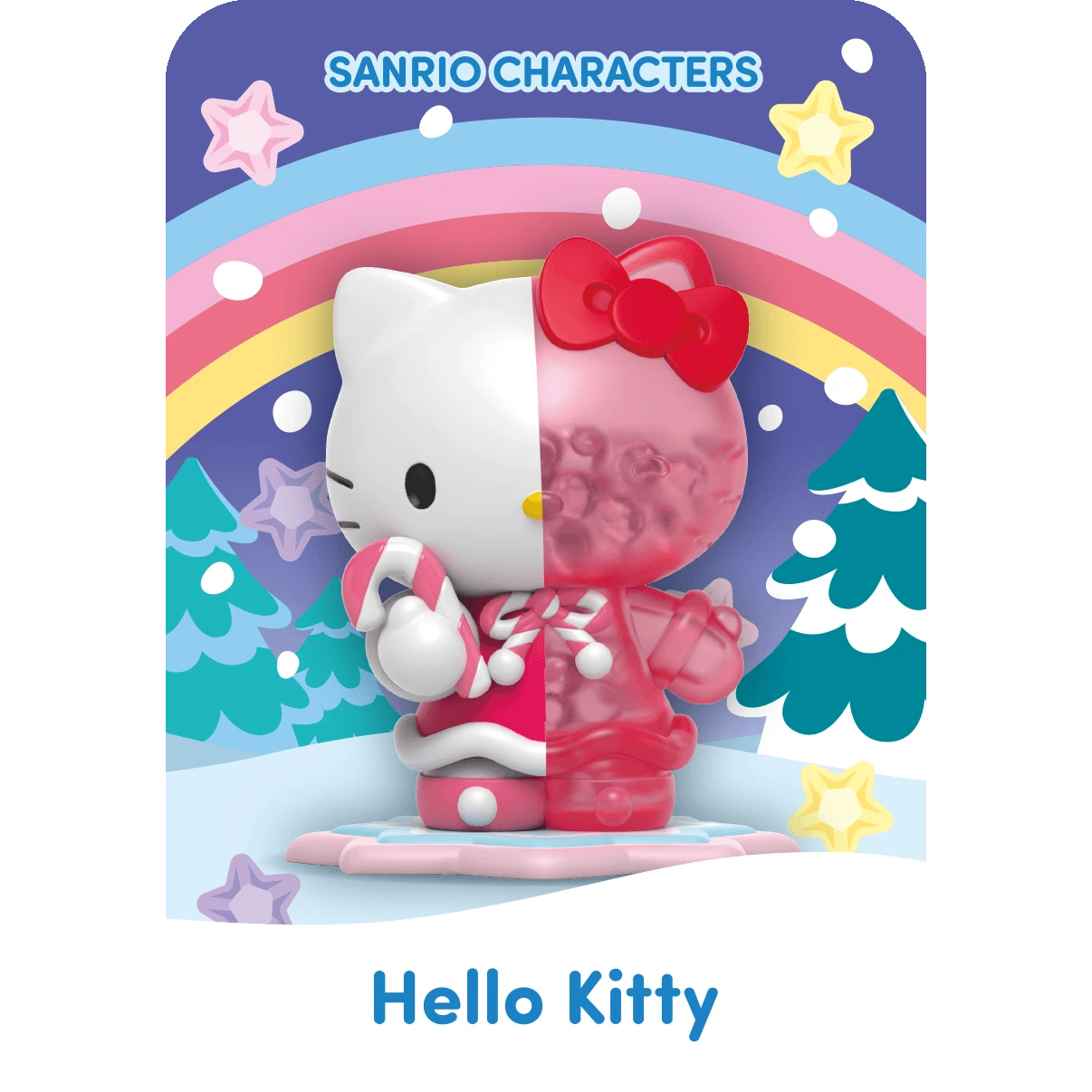 The Mighty Jaxx - Sanrio Snowy Dreams Blind Box features a Hello Kitty figure in a winter outfit holding a candy cane, set against a vibrant backdrop of trees, stars, and a rainbow. This enchanting scene from the Mighty Jaxx brand adds wonder to any collection.