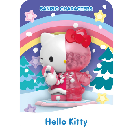 The Mighty Jaxx - Sanrio Snowy Dreams Blind Box features a Hello Kitty figure in a winter outfit holding a candy cane, set against a vibrant backdrop of trees, stars, and a rainbow. This enchanting scene from the Mighty Jaxx brand adds wonder to any collection.