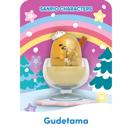 Gudetama lounges in a dessert cup against the vibrant Mighty Jaxx Sanrio Snowy Dreams backdrop, featuring stars, a rainbow, and trees. Each blind box from Mighty Jaxx reveals a unique mystery figure to join Gudetama's whimsical adventure.