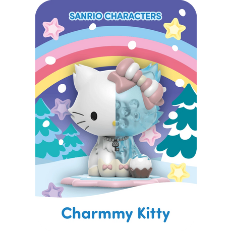 A cute figure of Charmmy Kitty, a Sanrio character by Mighty Jaxx, is nestled against stars, a rainbow, and trees from the Sanrio Snowy Dreams Blind Box collection. Each piece offers enchanting surprises wrapped in charm.
.