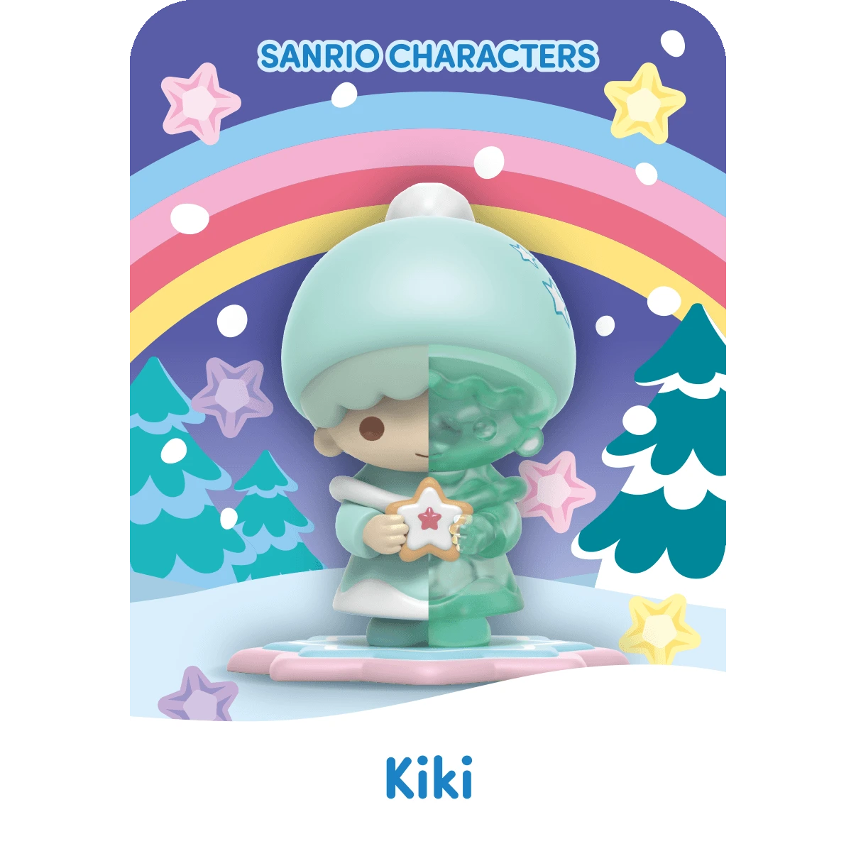 An illustration of Sanrio's Kiki holding a star with a rainbow and trees, capturing the magical essence of Mighty Jaxx's Sanrio Snowy Dreams Blind Box.