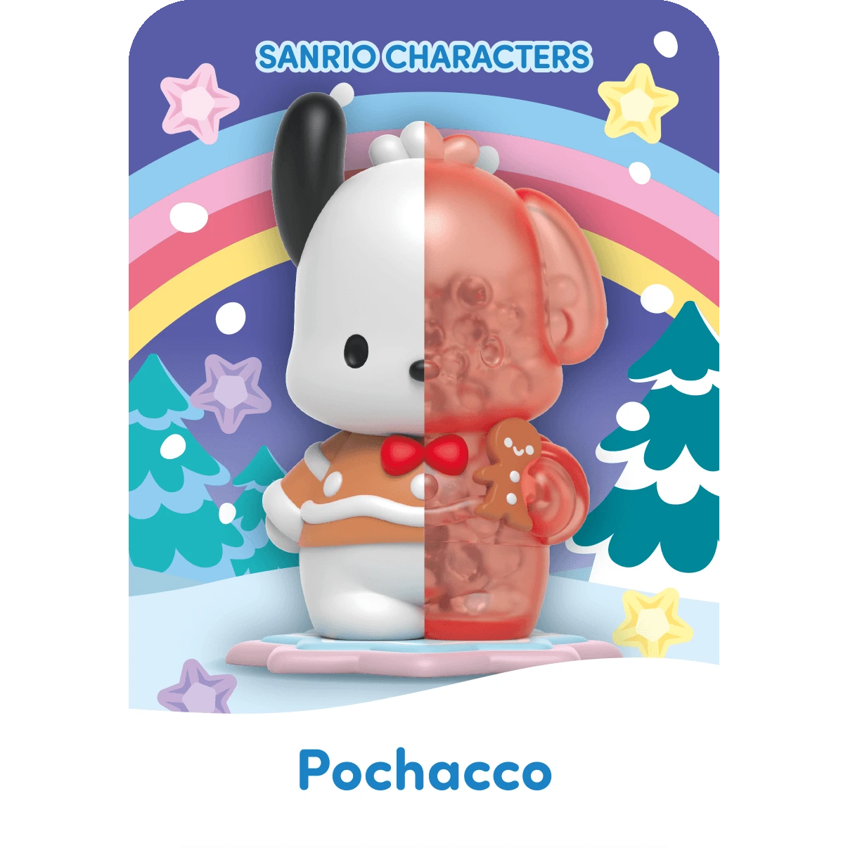 The Mighty Jaxx - Sanrio Snowy Dreams Blind Box features a whimsical Pochacco toy, half solid, half transparent, set against a colorful rainbow and stars backdrop with trees, capturing the essence of the Sanrio Snowy Dreams collection.