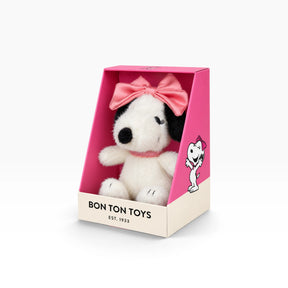 Mini plush dog in open pink gift box with Bon Ton Toys branding