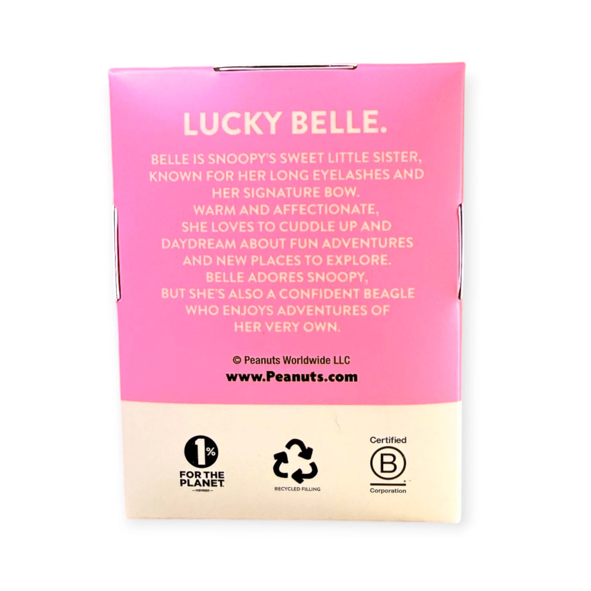 Pink gift box with Lucky Belle text and recycling/certification icons