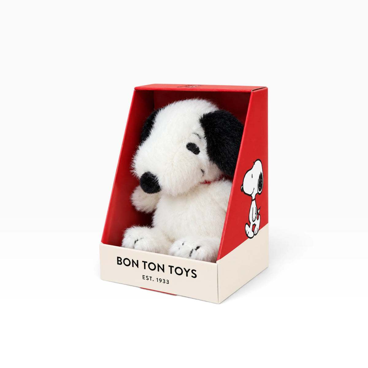 Mini Snoopy fuzzy plush in red gift box with Bon Ton Toys label on front