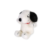 Mini plush Snoopy dog with fuzzy white fur and black ears, sitting pose