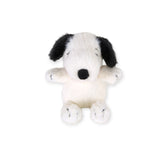 Fuzzy Snoopy plush dog with black nose and ears, front view sitting
