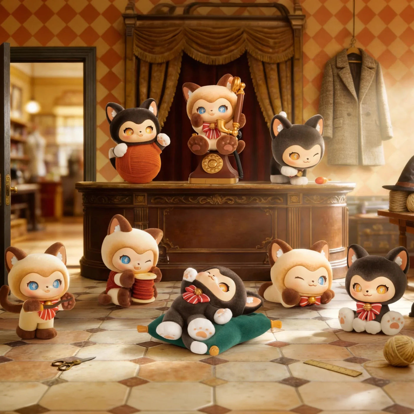 Moffy's Tailoring Shop - Magic Furry Mewky Blind Box showing cute plush Mewky characters in a vintage sewing room by Mewky