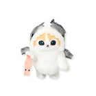 The Mofusand Shark Nyan Bag Charm features a plush toy cat in a gray shark costume holding a pink shrimp, creating an adorable accessory by Mofusand.