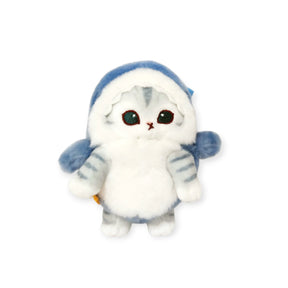 White plush bag charm cat with dark eyes and light blue hood and accents