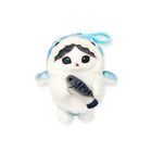 The Mofusand Shark Nyan Bag Charm features a cute plush cat in a blue and white shark costume, holding a tiny fish—perfect for accessorizing your tote or backpack with adorable Mofusand style.