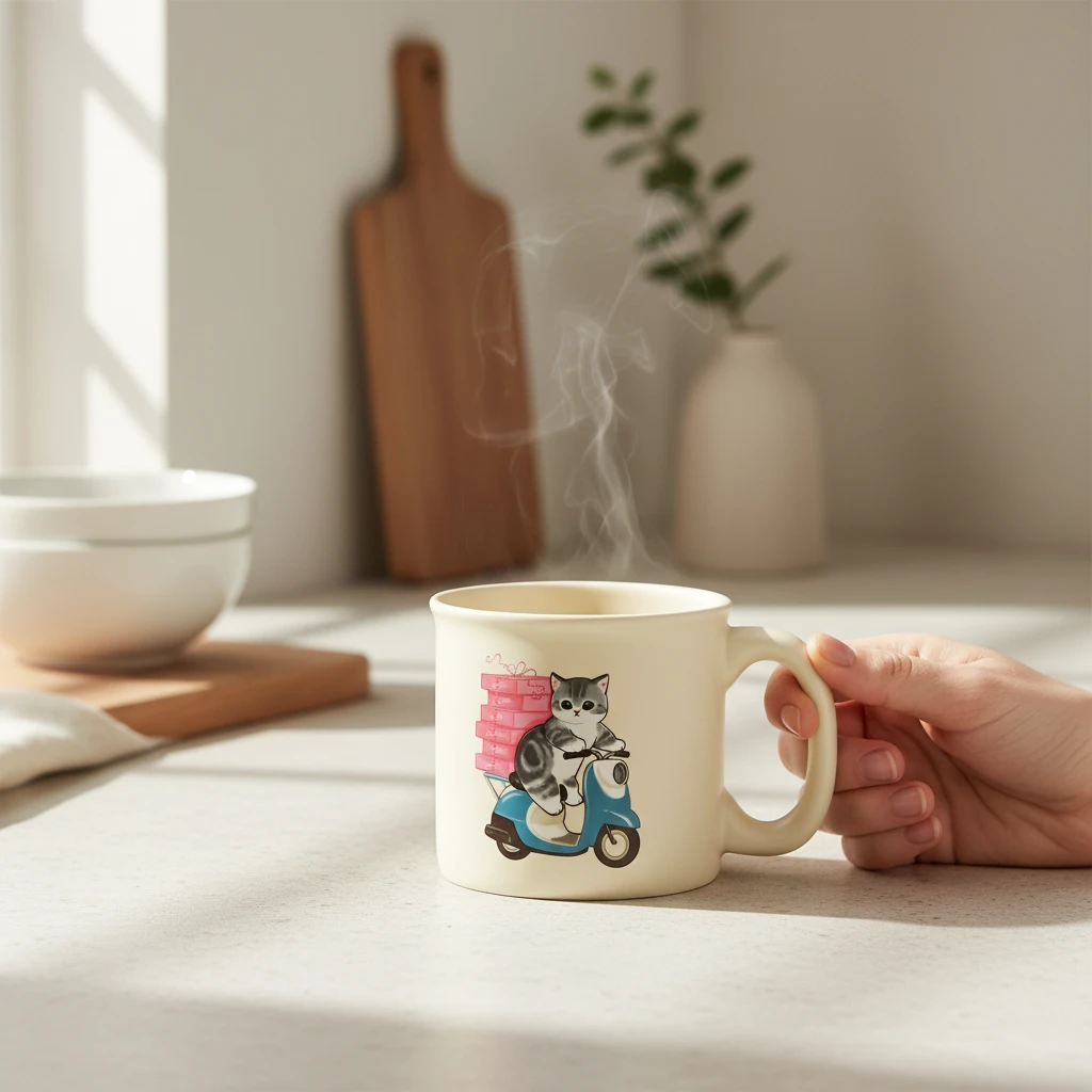 Ceramic mug in light cream with cat scooter design and visible steam