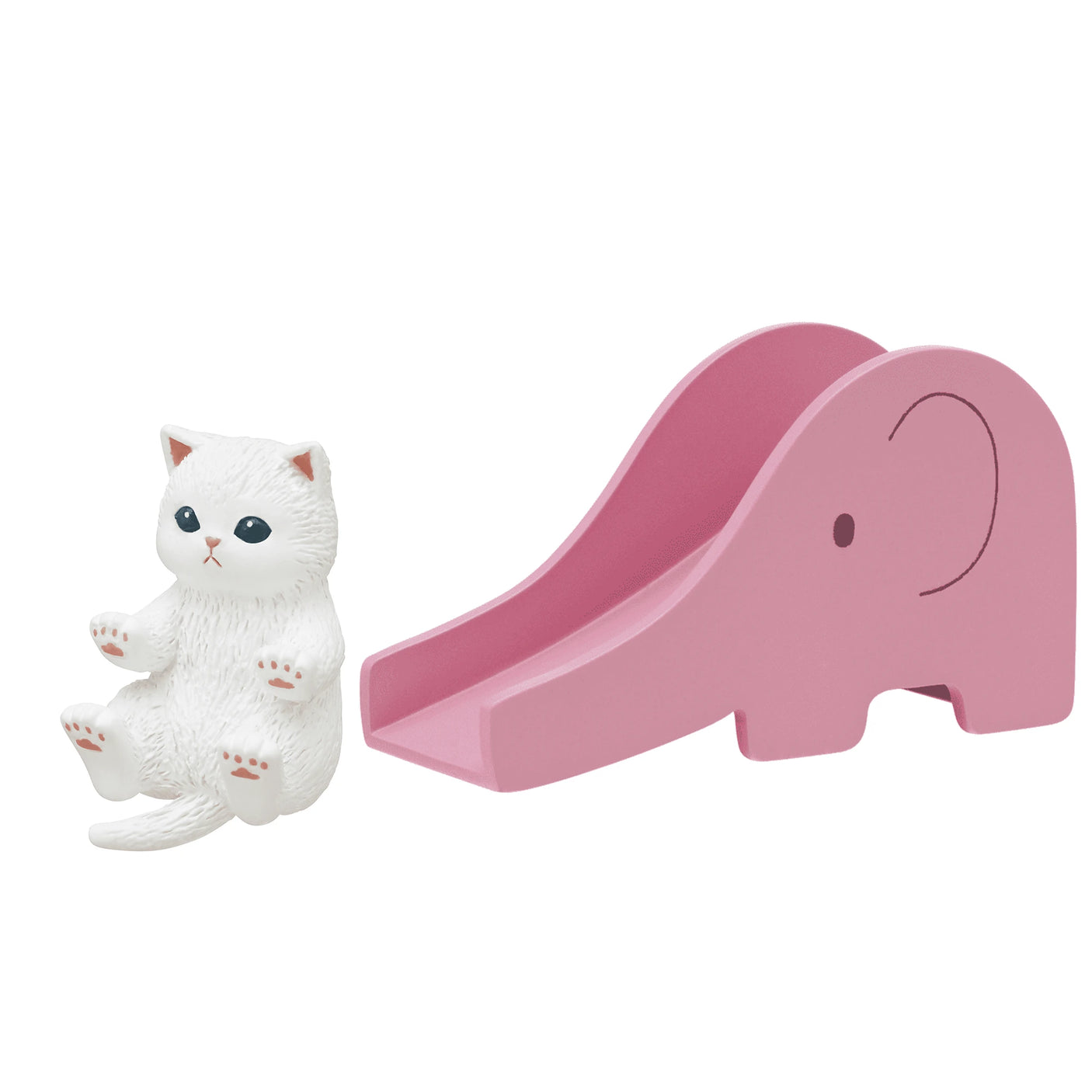 The Mofusand Blind Box - Cats on Slides features a small white cat figurine next to a playful pink elephant slide.