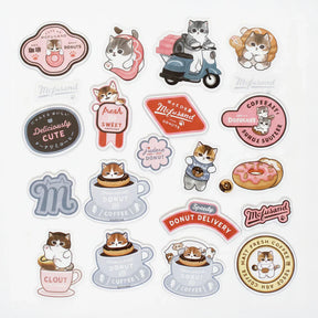 Cat donut and coffee sticker set with assorted shapes, including circles and food labels