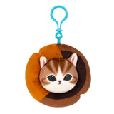 Donut-shaped plush animal keychain with blue loop, brown cat face with dark swirl sides.