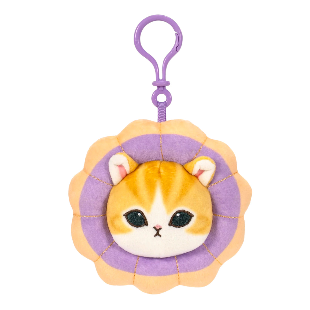 Flower-shaped plush animal keychain with purple loop, orange cat face inside lavender petals.