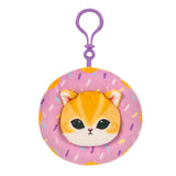 Donut-shaped plush animal keychain with purple loop, orange cat face with sprinkle accents.